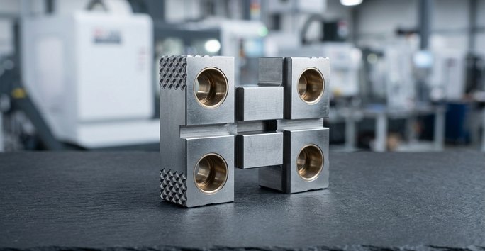 Tool steel stamping die insert block on dark table