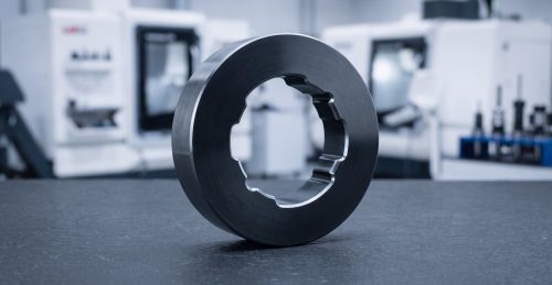 Finished tool steel D2 blanking die on dark workshop bench