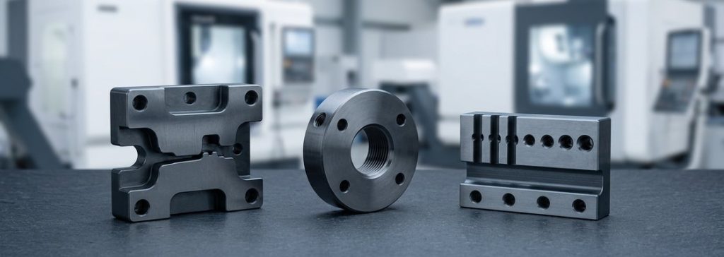 Finished tool steel O1 dies and gauge parts on table