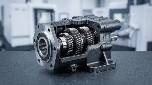 Cutaway iron gearbox housing illustrating types of iron machining