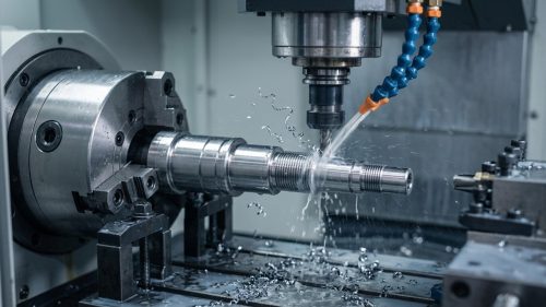 Precision machined transmission shafts on CNC lathe machine bed