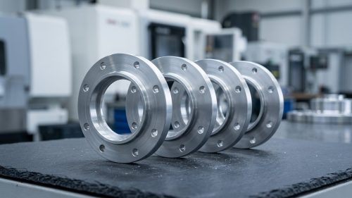 Machined aluminum alloy flanges showing different alloy finishes and properties