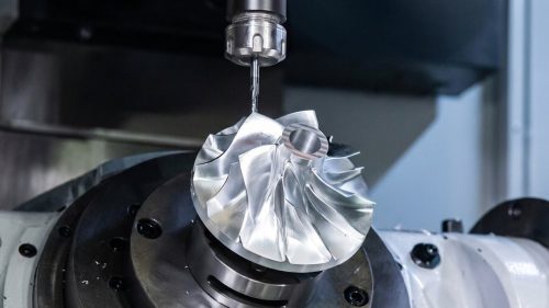 5-axis CNC mill machining an open-blade metal impeller