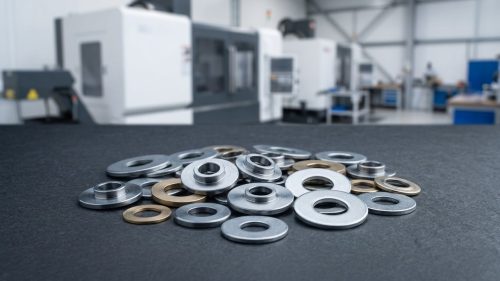 Assortment of different types of washers on dark workbench