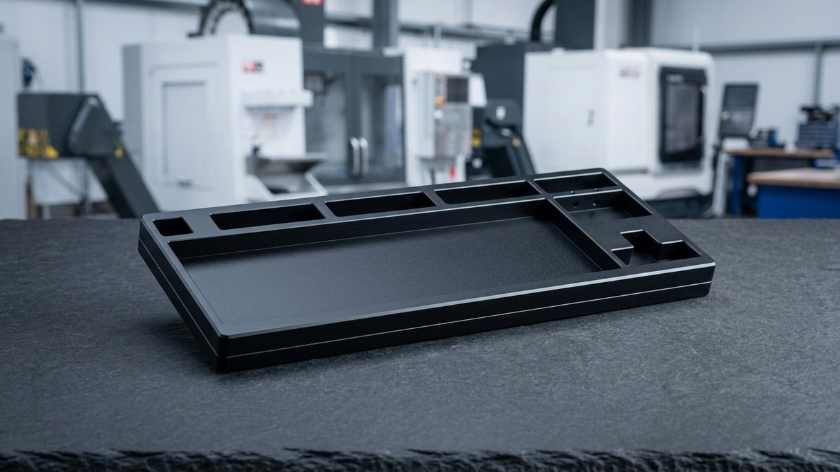 CNC machined aluminum keyboard case with black anodized finish