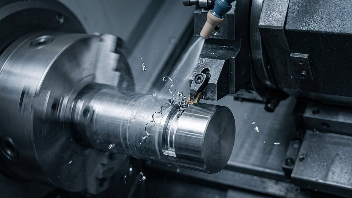 CNC grooving tool cutting an undercut groove in a steel shaft