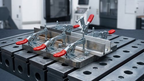 CNC fixtures with toggle clamps securing aluminum parts on machine table
