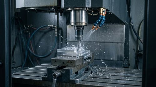 Vertical machining center cutting an aluminum block with end mill