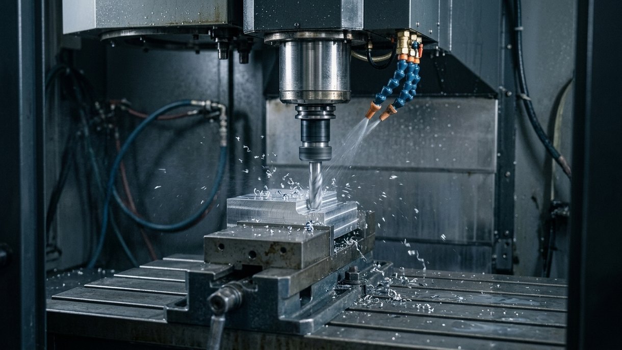 Vertical machining center cutting an aluminum block with end mill