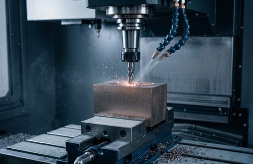 CNC machining of tungsten-copper W-Cu block in progress