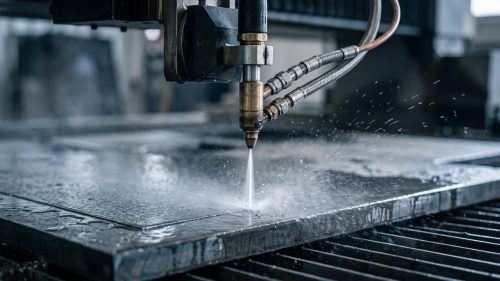 Waterjet cutting nozzle assembly cutting through metal plate