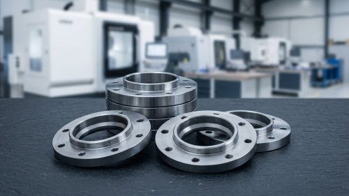 Stack of precision CNC machined stainless steel flanges on dark table