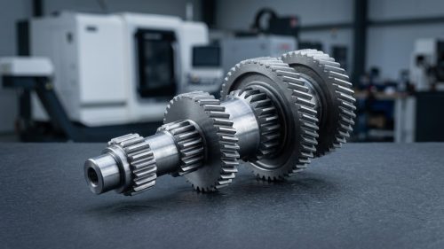 Machined steel shaft with gears illustrating types of shaft