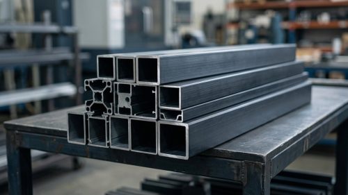 Aluminum extrusion profiles with hollow cross-sections on dark workbench