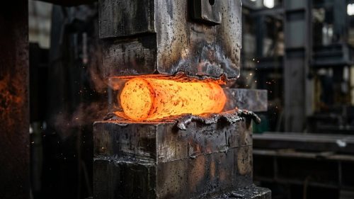 Hot aluminum billet being shaped in a forging die press