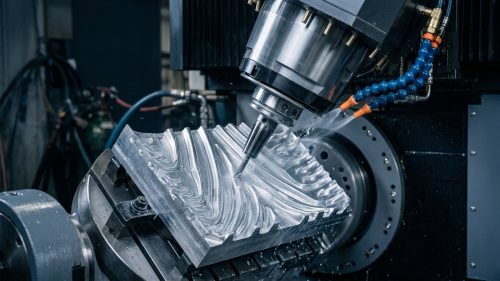 Angled spindle performing angular milling on an aluminum workpiece