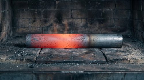 Glowing red-hot steel rod during annealing heat treatment process