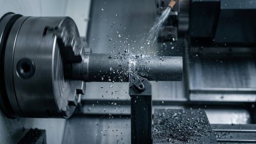 CNC turning showing brittle fracture chips from cast iron bar