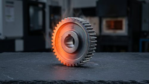 Steel gear showing hardened surface from carburizing heat treatment process