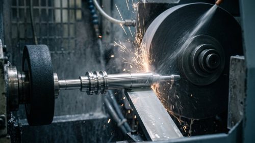 Centerless grinding machine grinding a stainless steel shaft to size