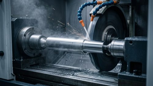 Cylindrical grinding wheel shaping a steel shaft with coolant