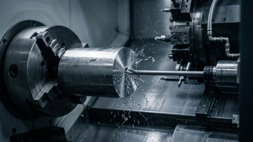 Gundrill performing deep hole drilling into steel bar on CNC lathe