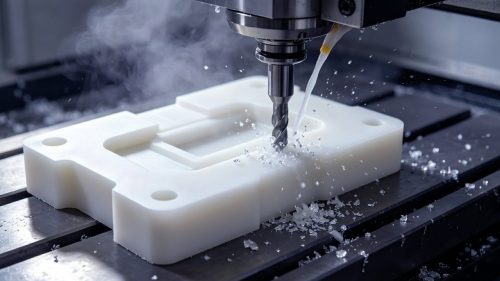 CNC milling cutter machining white Delrin POM-H block with coolant spray