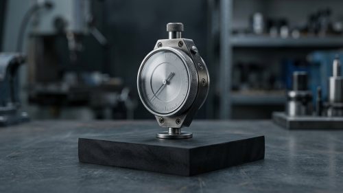 Durometer gauge measuring hardness on black rubber sample