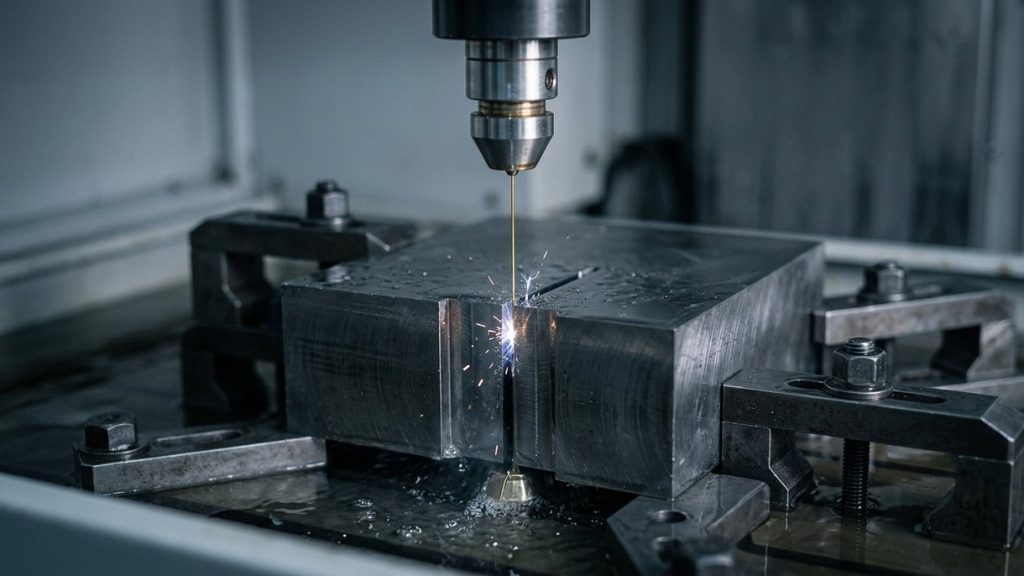 Wire electrical discharge machining cutting hardened steel block with sparks