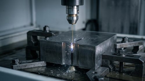 Wire electrical discharge machining cutting hardened steel block with sparks