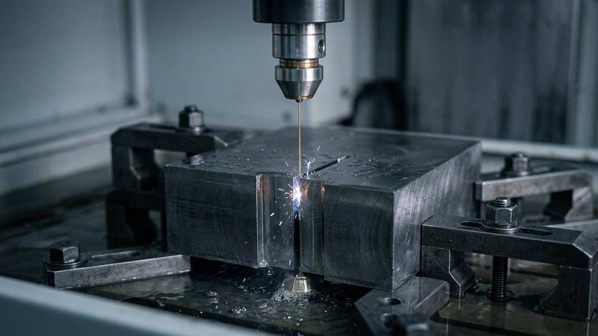 Wire electrical discharge machining cutting hardened steel block with sparks