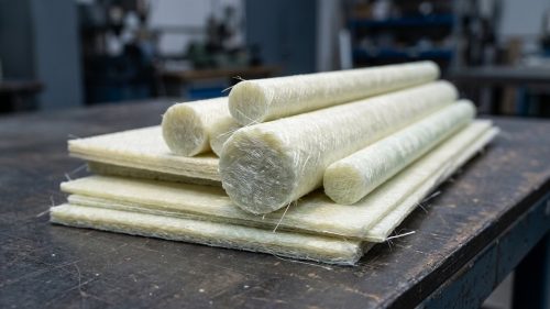 Raw fiberglass composite sheet showing woven glass fiber strands