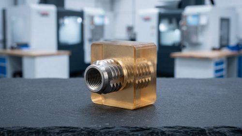 Metal threaded insert embedded in molded plastic part for insert molding