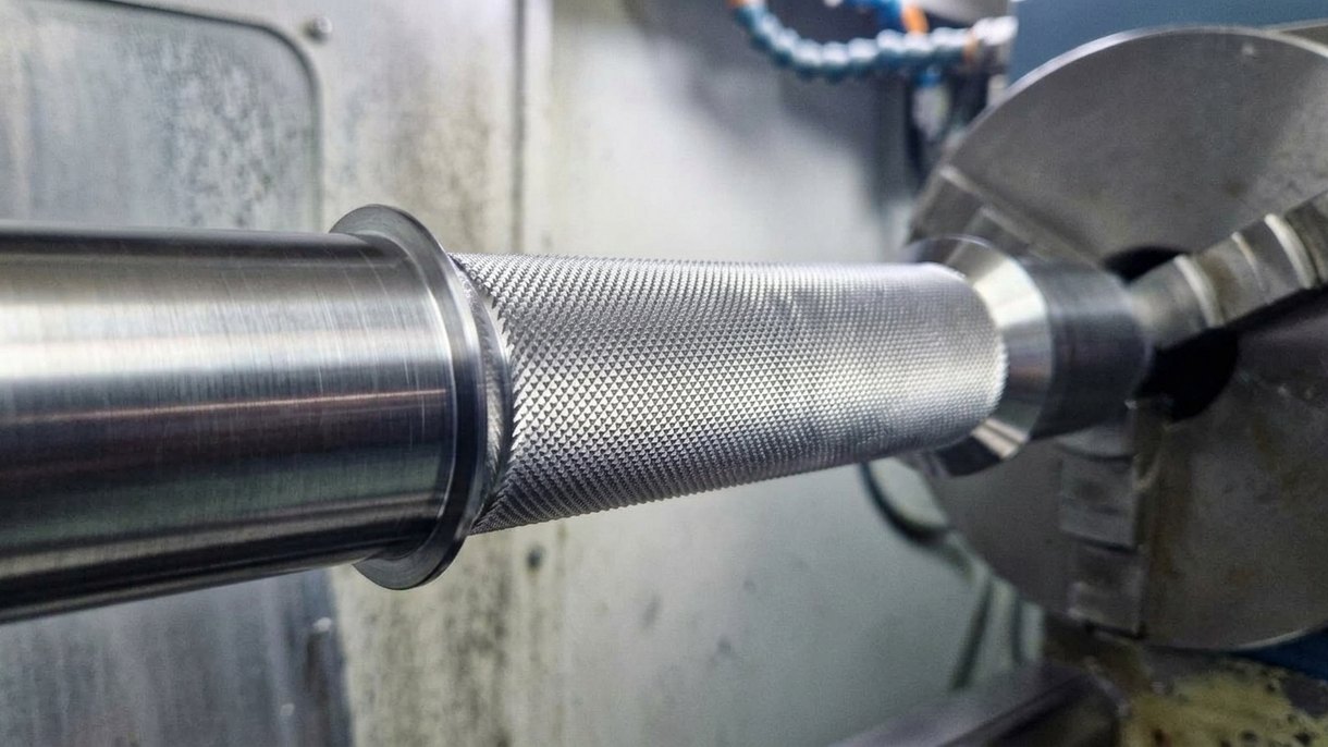 Knurled steel shaft being cut on a CNC lathe for knurling process