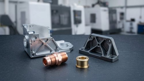 Assorted non-ferrous metal CNC machined parts on dark table