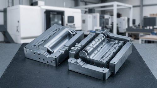Two precision machined rapid tooling mold halves on dark background