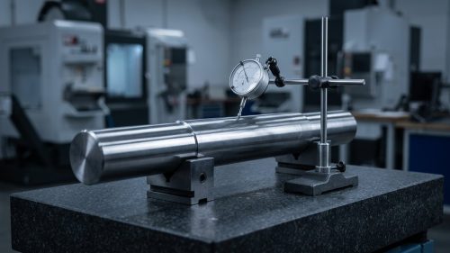 Dial indicator checking straightness of a machined steel shaft