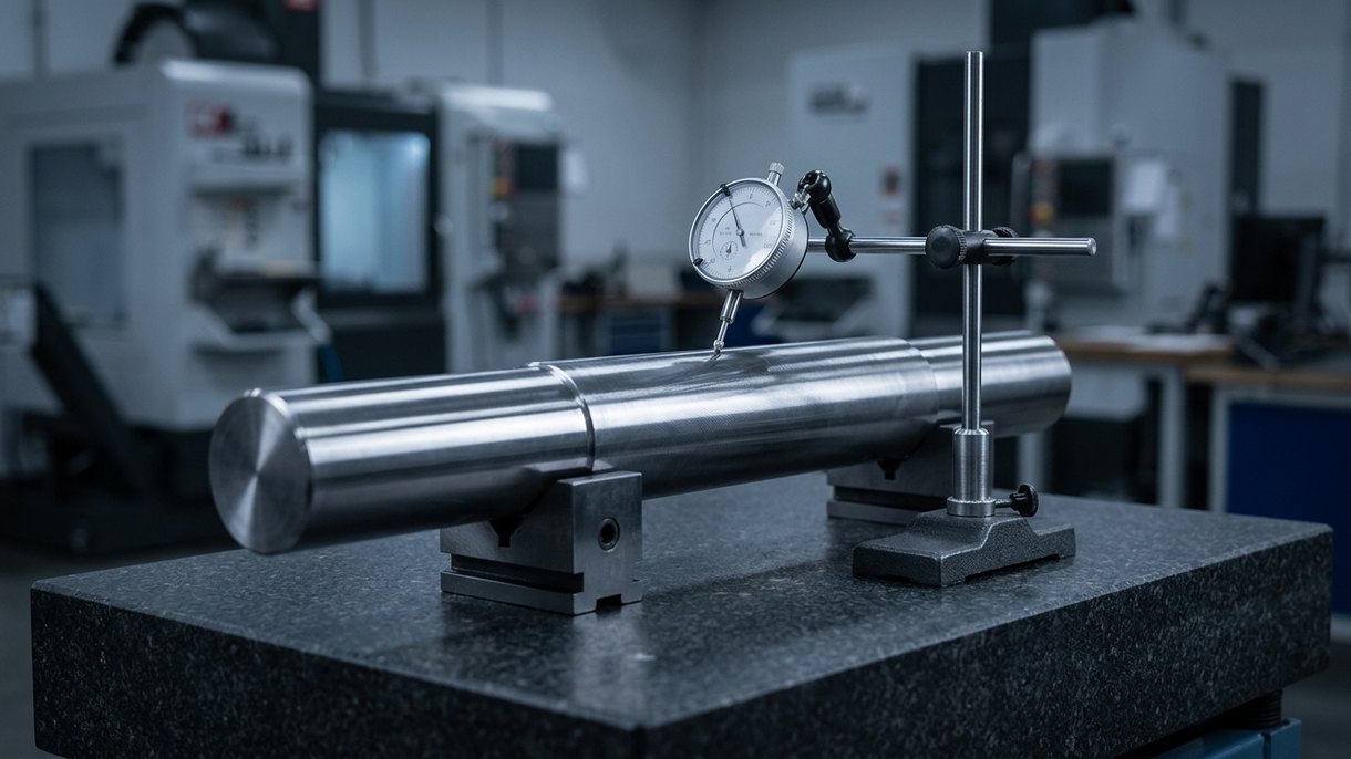 Dial indicator checking straightness of a machined steel shaft