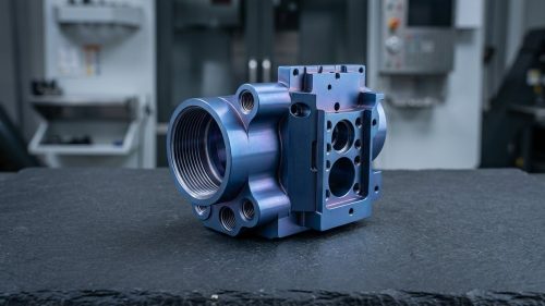 Titanium housing part with blue anodized finish after titanium anodizing