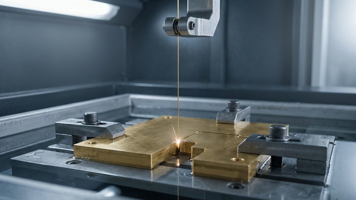 Wire EDM brass flange being cut with brass wire electrode